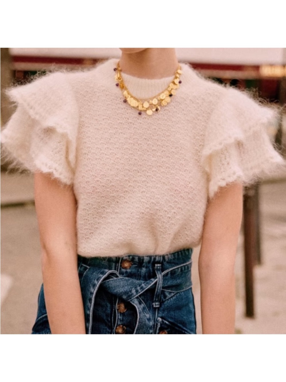 Sézane Ilda Mohair Wool Flutter Sleeve Jumper in Ecru - Medium